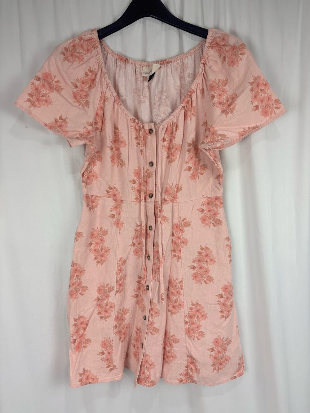 Universal Thread Peach Floral Linen Blend Button Front Mini Sundress Pockets S